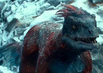 Red Dinosaur on a frozen lake that swims in cold water