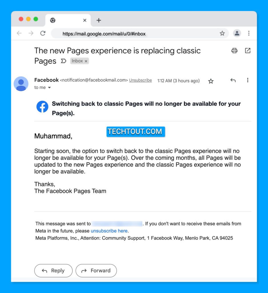 An email from Facebook showing the completeion of new Pages experience is replacing classic pages