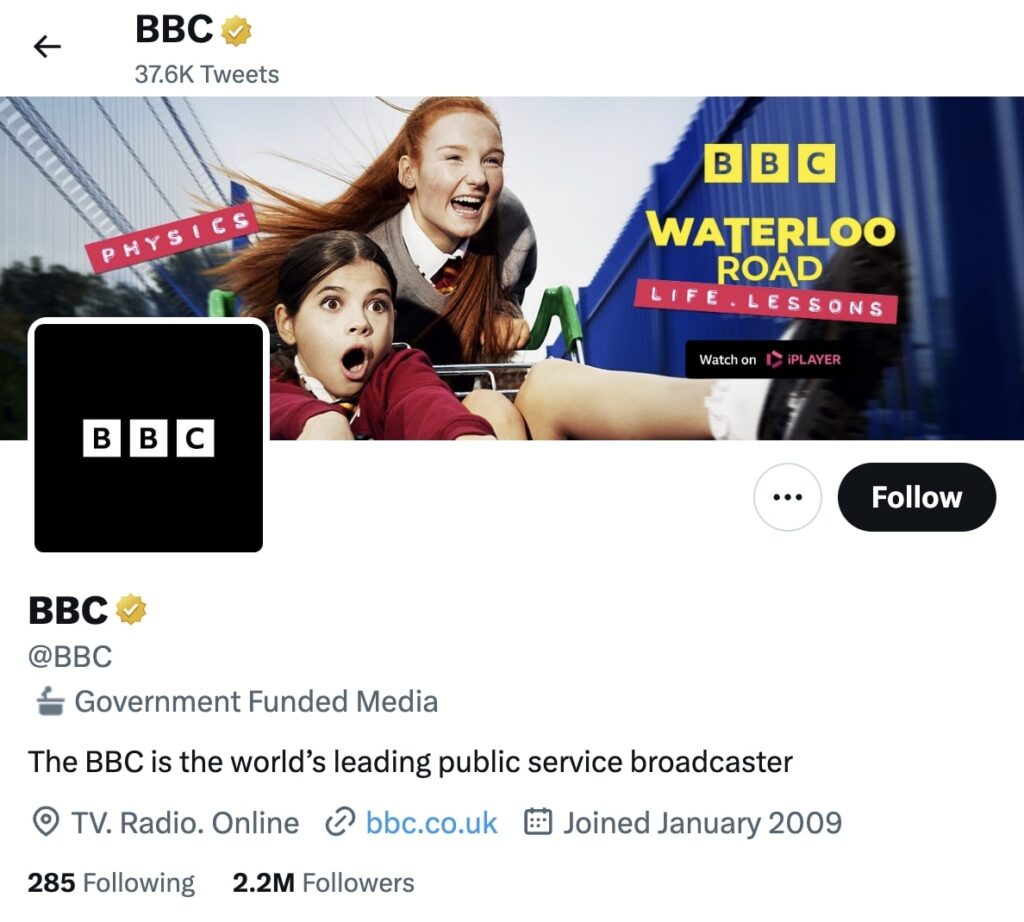 BBC on Twitter showing Government Funded Media label