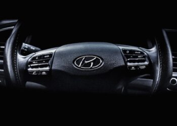 Hyundai logo on a steering