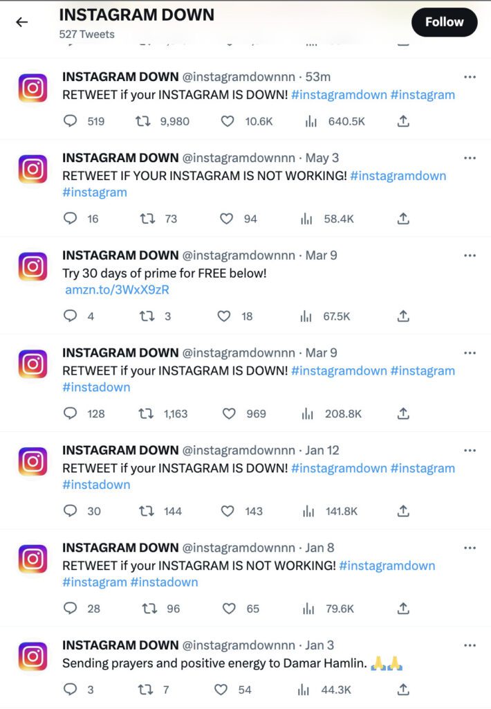 Instagram Down twitter handle noting every time the app goes down