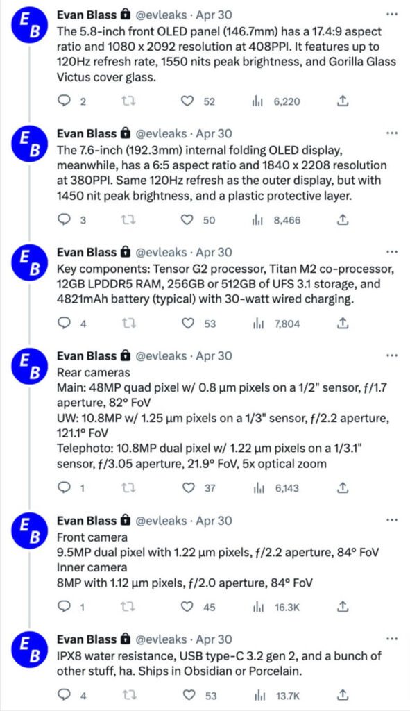 Pixel Fold specifications leaked by Evan Blass