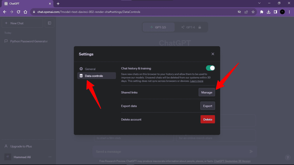 Managing links and data in ChatGPT