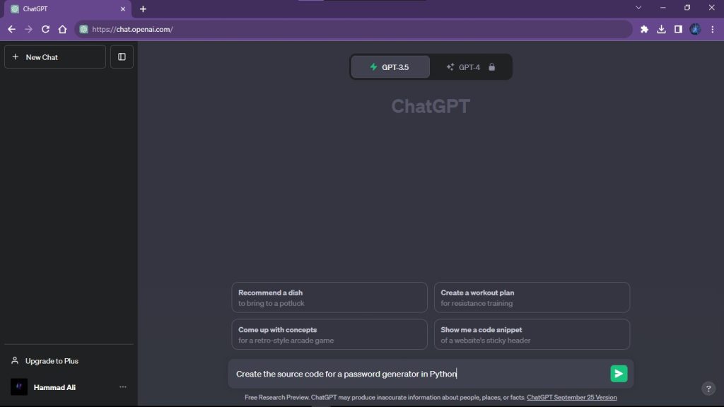 A screenshot of ChatGPT main page after login