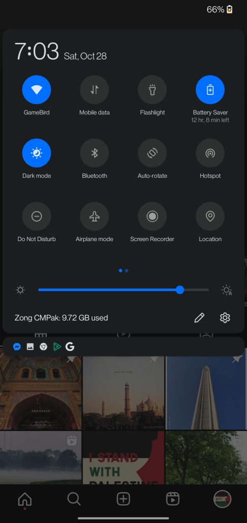 A screenshot of dark mode enabled on Android for Instagram app