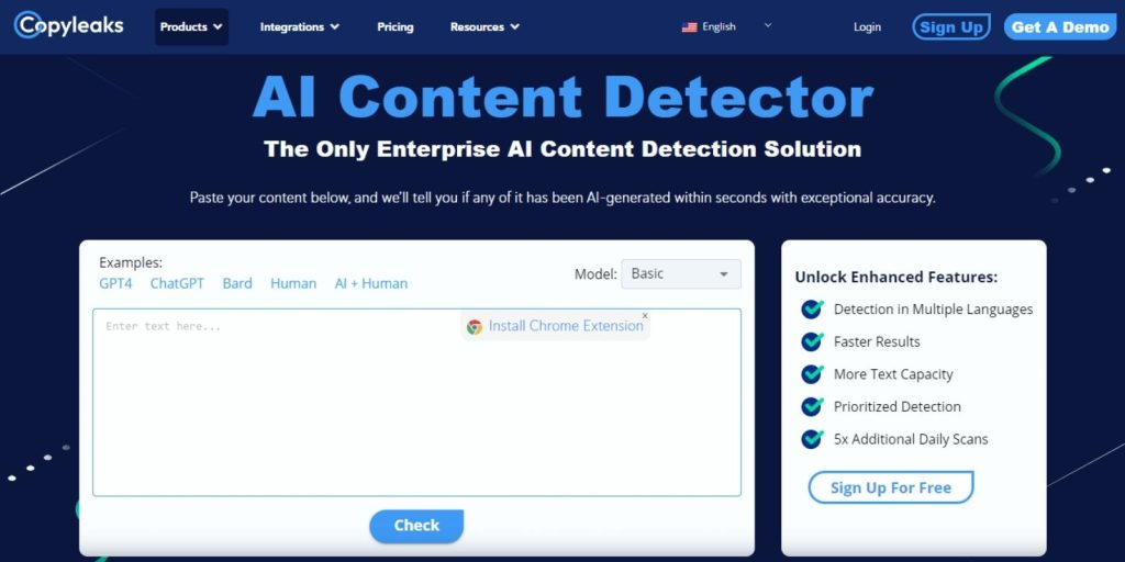 Home page screenshot of AI content detector by copyleaks