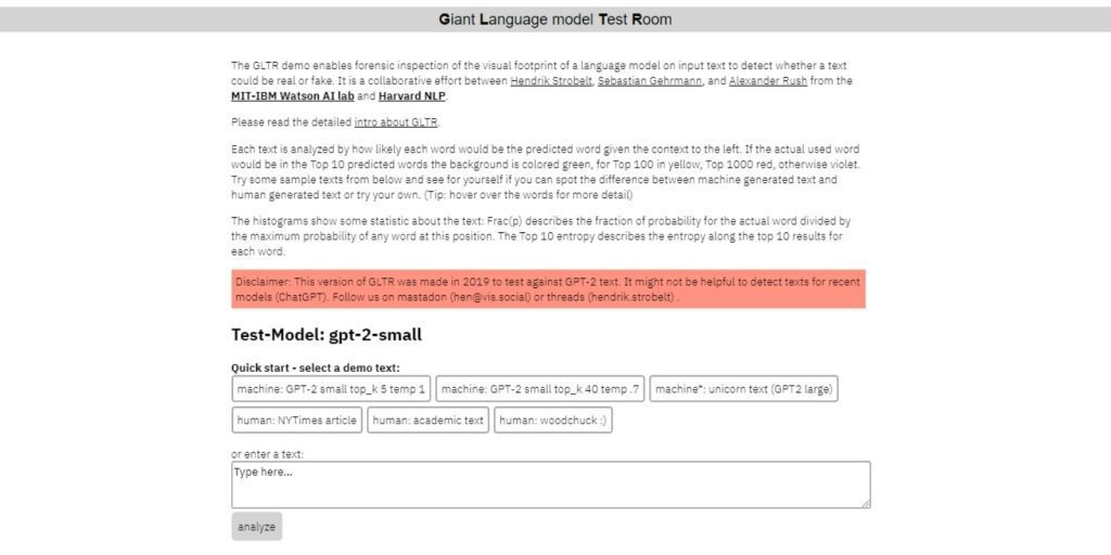 GLTR AI detector interface, home page screenshot