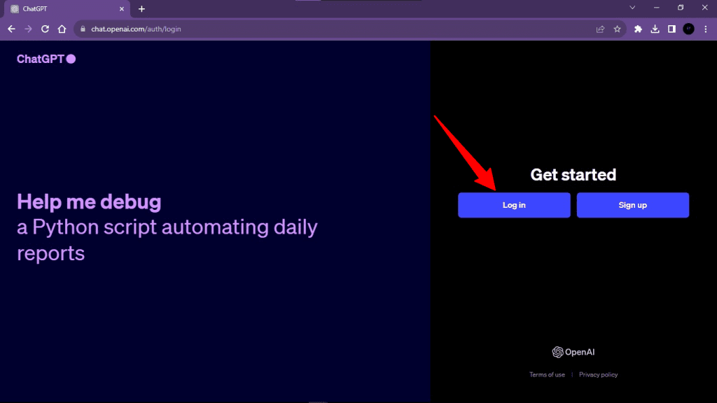 A screenshot of ChatGPT website's login page