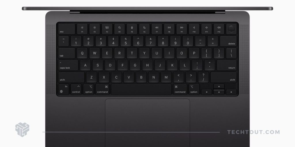 A front keyboard view of Space Black MacBook Pro 2023, M3 chip
