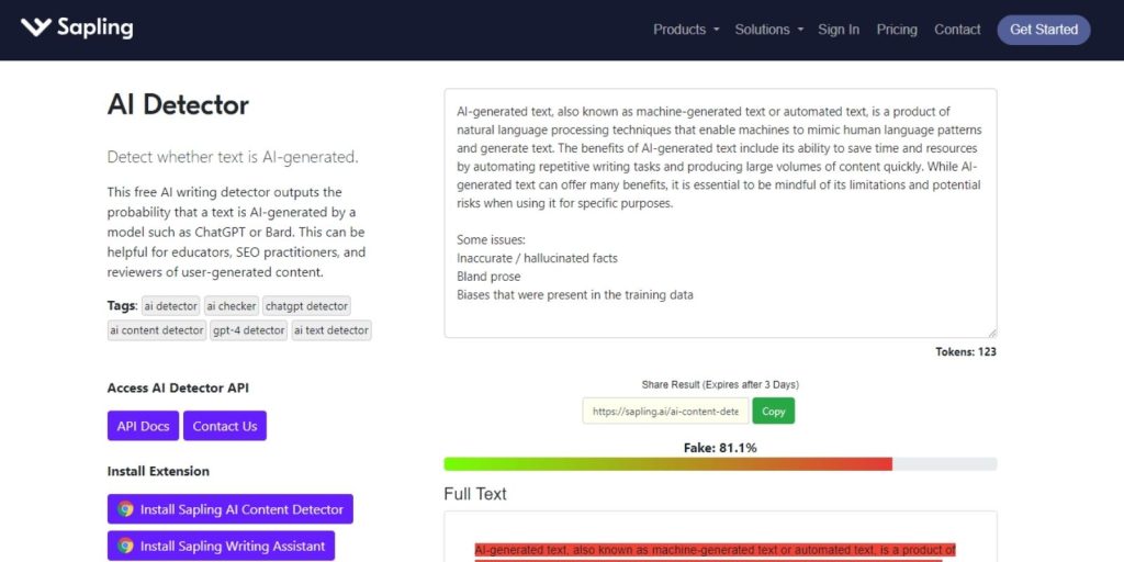 Home page screenshot of Sapling AI content detector tool