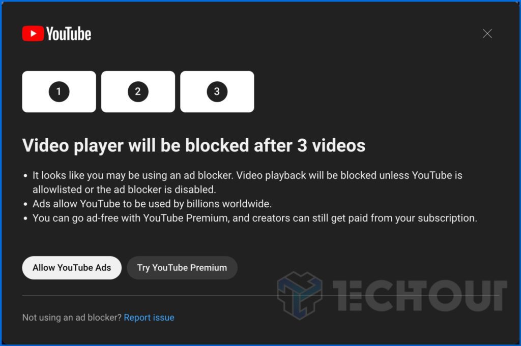 YouTube player notice saying "Video player will be blocked after 3 videos"