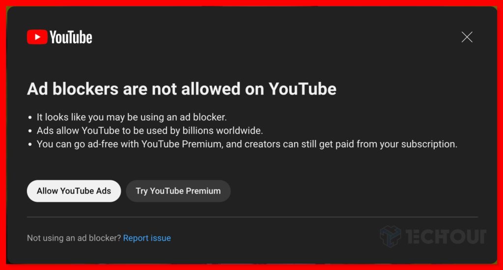 As YouTube cracks down on ad blockers, this is a screenshot of the message displayed on YouTube saying, "Ad blockers are not allowed on YouTube"