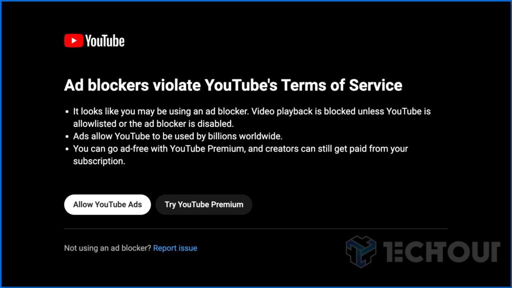 YouTube's block message after 3 videos saying Ad blockers violate YouTube's terms of service