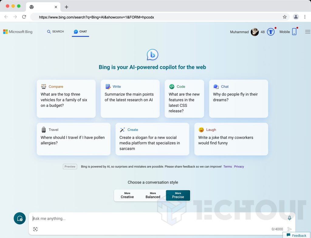 Bing AI-powered copilot interface